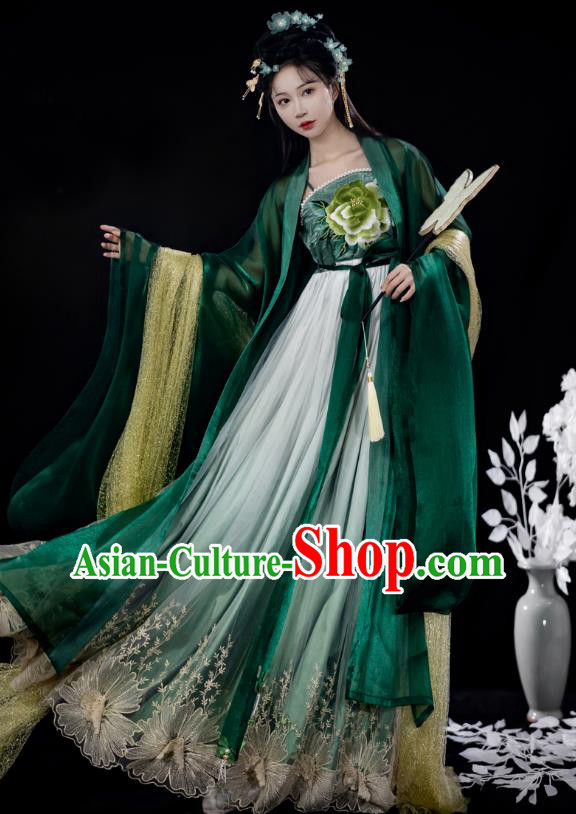 China Tang Dynasty Royal Princess Clothing Traditional Hanfu Embroidered Hezi Qun Ancient Court Woman Green Dresses