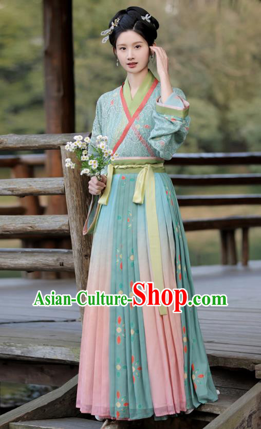China Ancient Young Woman Green Dresses Jin Dynasty Female Clothing Traditional Hanfu Blouse and Skirt Complete Set