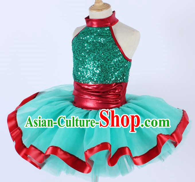 Children Sequin Gauze Skirt Suspender Tutu Skirt Ballet Dance Skirt Green Stage Costume Performance Costume