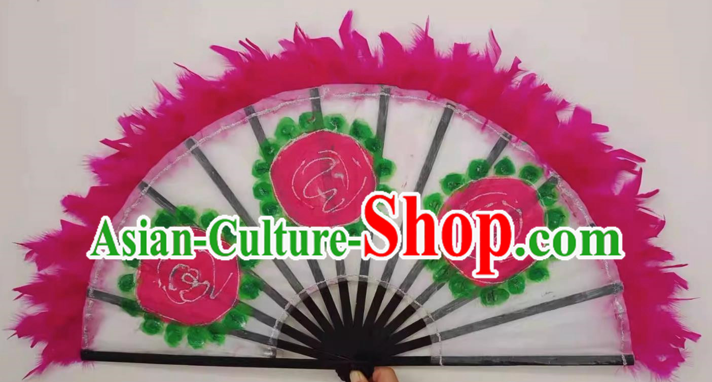 Korean Dance Dance Fan Peony Flower Rose Red Feather Fan Dance Opening Dance Dance Props Large Fan