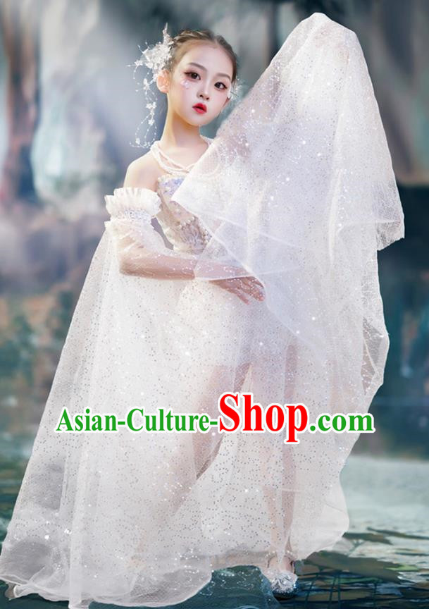 Girls White Shiny Bling Trailing Sleeves Catwalk Clothes Fairy Suit Fairy