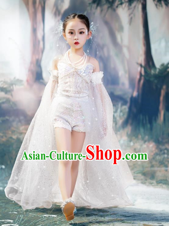 Girls White Shiny Bling Trailing Sleeves Catwalk Clothes Fairy Suit Fairy