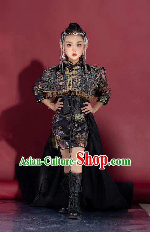 Girls Model National Trend Trailing Cheongsam Children Chinese Style T Stage Catwalk Dress Guqin Test Grade Performance Clothing