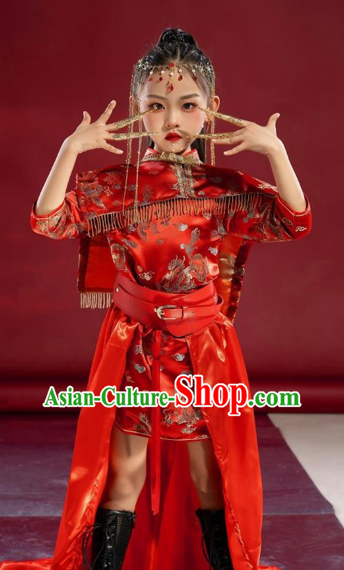 Girls Cheongsam Chinese Trend Clothing National Tide Catwalk Dress Skirt Suit Red Model Costumes Children Republic Of China Style