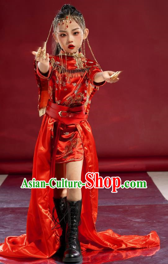 Girls Cheongsam Chinese Trend Clothing National Tide Catwalk Dress Skirt Suit Red Model Costumes Children Republic Of China Style