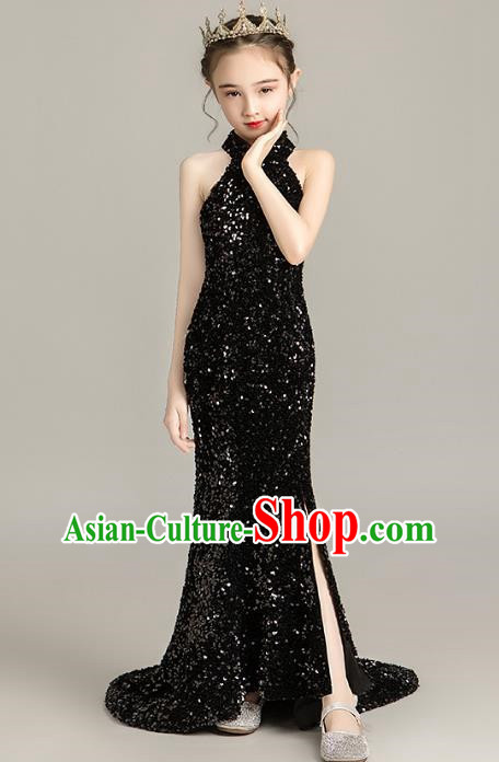 Girls Evening Dress Temperament Slim Mermaid Skirt Sequin Trailing Dress Children Host Model Catwalk Costumes