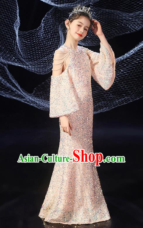 Girls Evening Dress Temperament Slim Mermaid Skirt Sequin Trailing Dress Children Host Model Catwalk Costumes