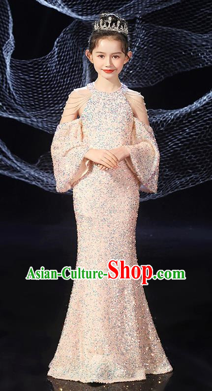 Girls Evening Dress Temperament Slim Mermaid Skirt Sequin Trailing Dress Children Host Model Catwalk Costumes