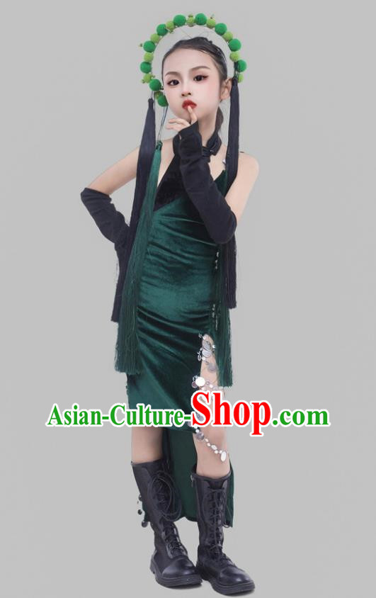Girls Dark Green Cheongsam Suit Beijing Opera Elements Chinese Style Republic Of China Style Children Dress Catwalk