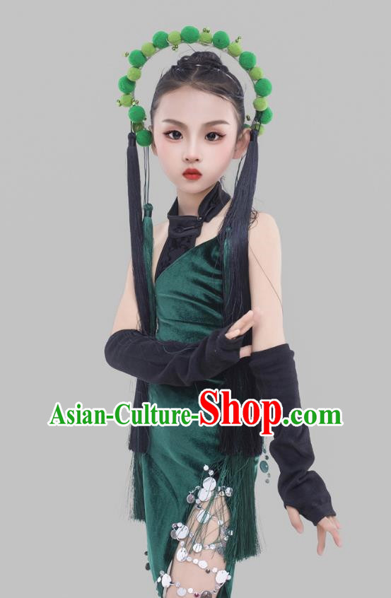 Girls Dark Green Cheongsam Suit Beijing Opera Elements Chinese Style Republic Of China Style Children Dress Catwalk