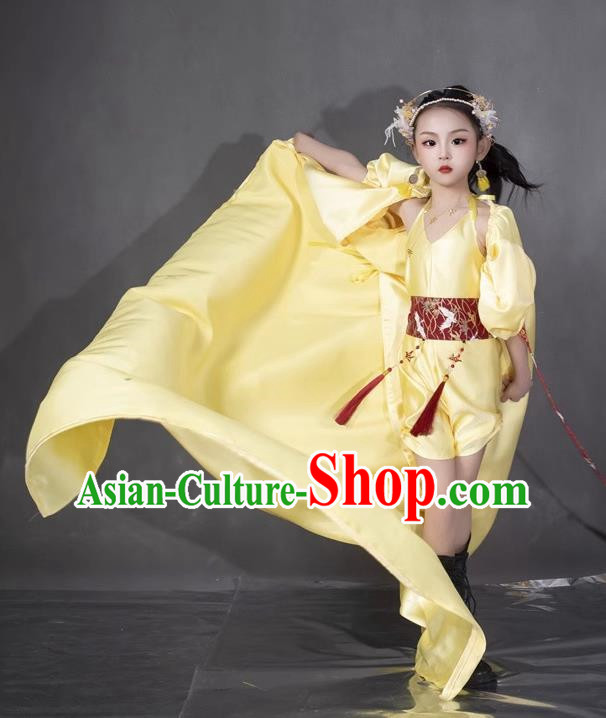 Girls Yellow Twenty Four Solar Terms Awakening Of Insects Dress Chinese Style Suit T Stage Show Catwalk Competition Suit