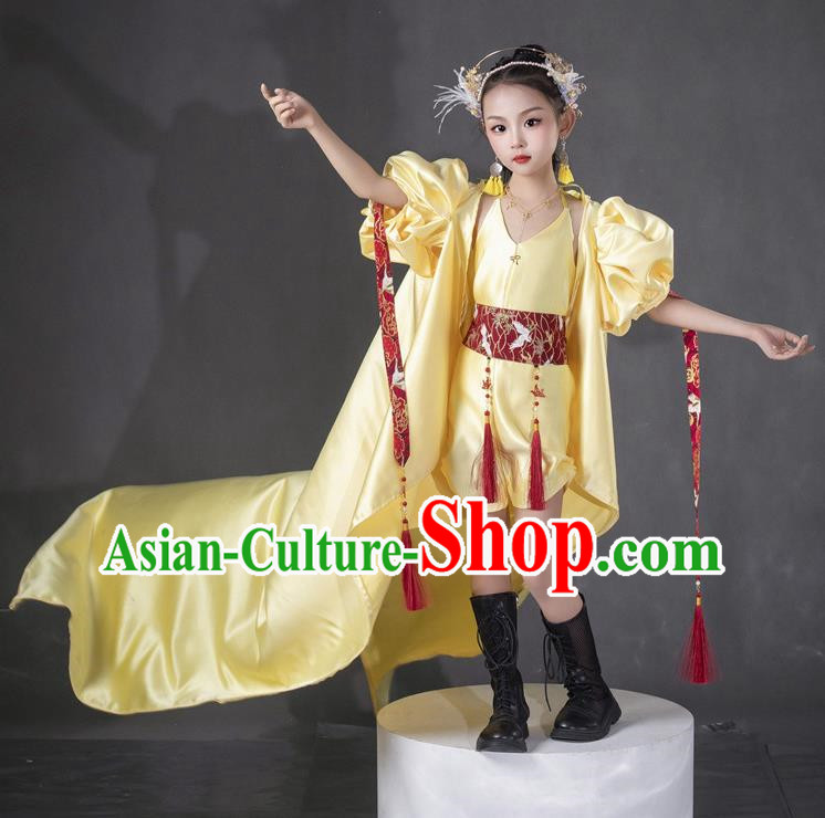 Girls Yellow Twenty Four Solar Terms Awakening Of Insects Dress Chinese Style Suit T Stage Show Catwalk Competition Suit
