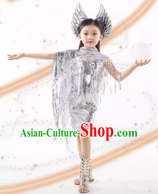 Girls Model Competition Trendy Clothes Children Catwalk Catwalk Princess Silver Sequins Future Technology Sense Yuan Universe Dress