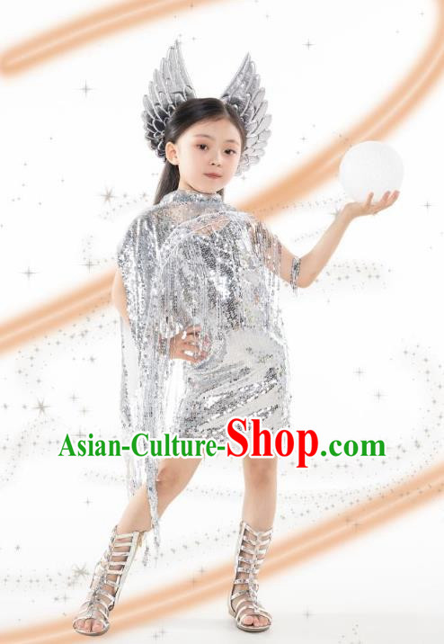 Girls Model Competition Trendy Clothes Children Catwalk Catwalk Princess Silver Sequins Future Technology Sense Yuan Universe Dress