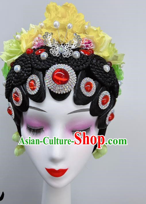 National Wind Opera Dance Performance Headdress Stage Performance Dance Headdress Yellow Green Gradient Opera Wig