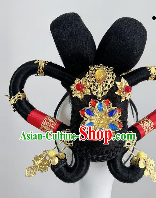 Chinese Classical Dance Han And Tang Style Noble Concubine Atmospheric Dance Performance Gold Hairpin Red Rope Wig Hair Bun Hair Accessories