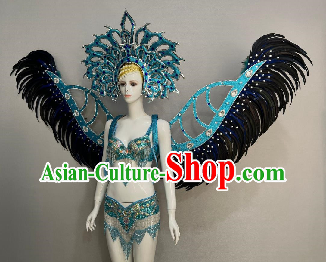 Blue Opening Dance Show Feather Headdress Dance Team Samba Costumes Mardi Gras Halloween