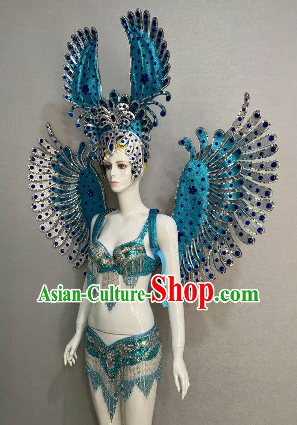 Blue Opening Dance Show Feather Headdress Dance Team Samba Costumes Mardi Gras Halloween