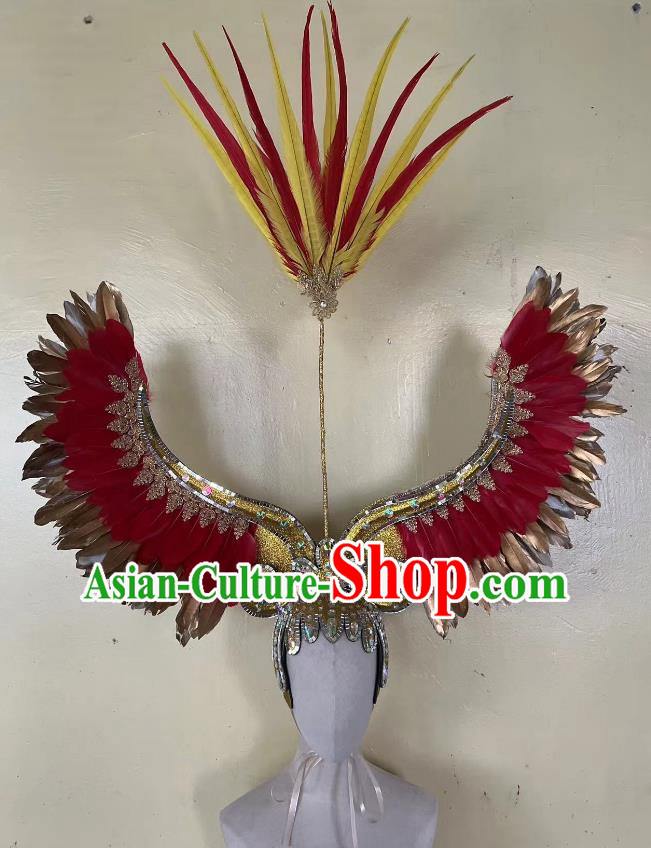 Red Angel Wings Prologue Show Performance Feather Headdress Dance Team Samba Costumes Carnival Halloween