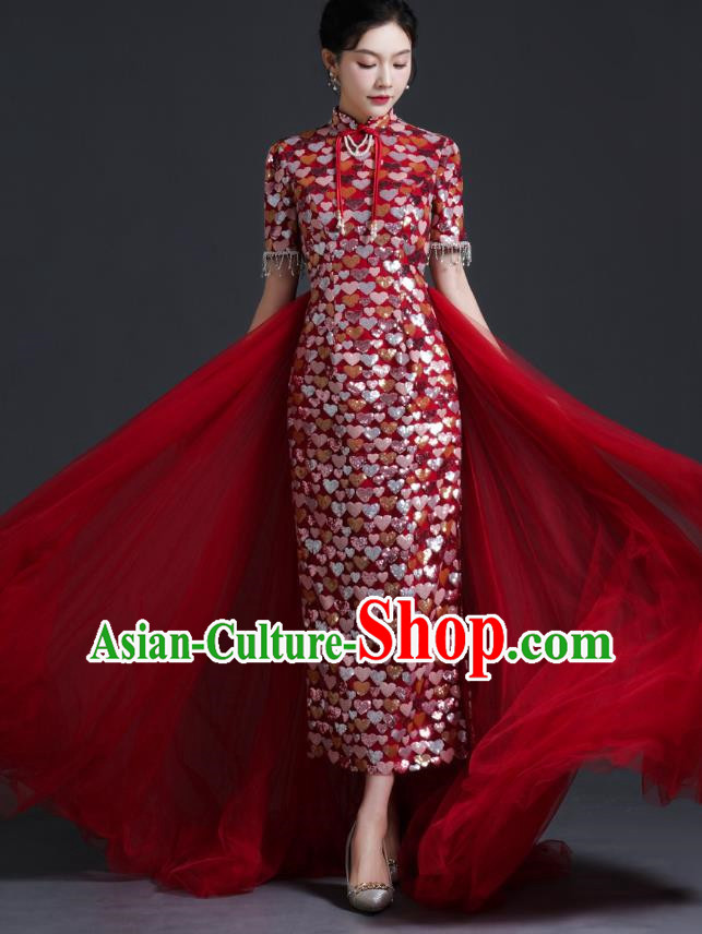 Chinese Bride Wedding Toast Dress Cheongsam Heavy Industry Long Section Noble Banquet Stage Catwalk Costume Sequins