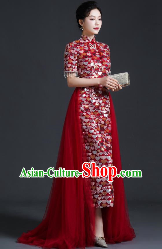 Chinese Bride Wedding Toast Dress Cheongsam Heavy Industry Long Section Noble Banquet Stage Catwalk Costume Sequins