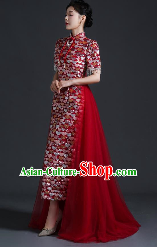 Chinese Bride Wedding Toast Dress Cheongsam Heavy Industry Long Section Noble Banquet Stage Catwalk Costume Sequins