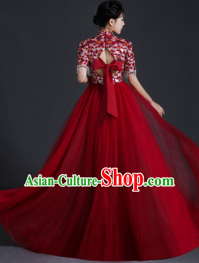 Chinese Bride Wedding Toast Dress Cheongsam Heavy Industry Long Section Noble Banquet Stage Catwalk Costume Sequins
