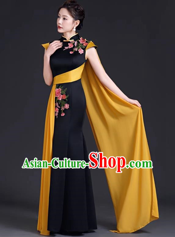 High Evening Dress Chinese Style Ladies Mermaid Model Group Stage Catwalk Costume Black