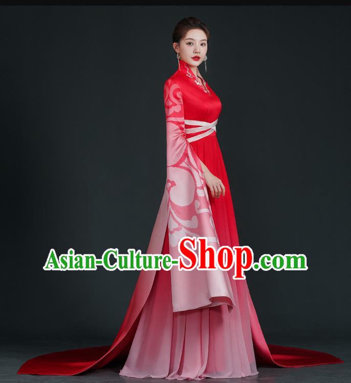 China Style Stage Catwalk Show Costumes Long Trailing Cheongsam Team Dress Art Examination Clothes