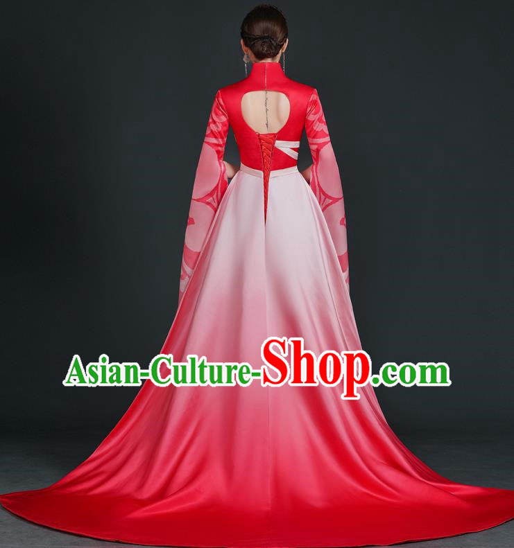 China Style Stage Catwalk Show Costumes Long Trailing Cheongsam Team Dress Art Examination Clothes