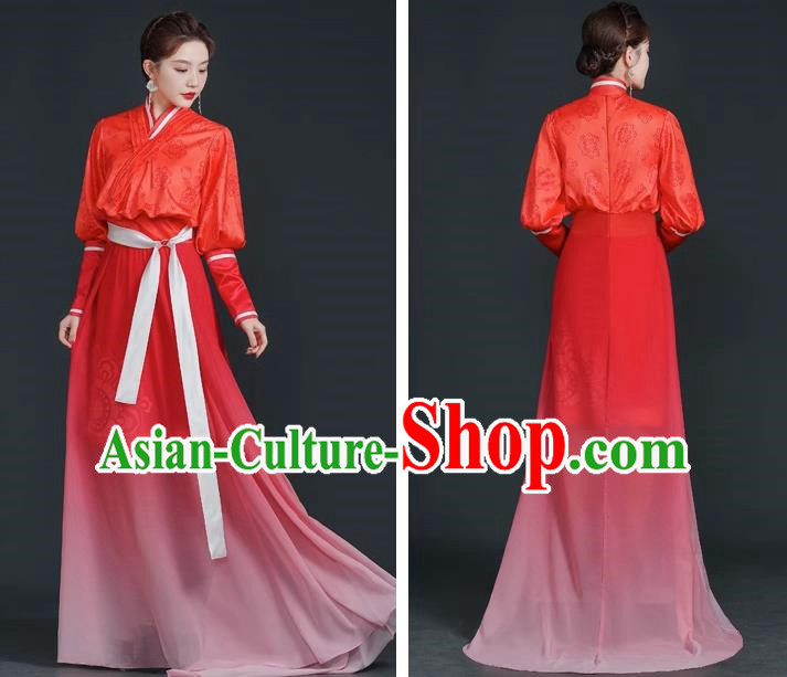 China Style Stage Catwalk Show Costumes Long Trailing Cheongsam Team Dress Art Examination Clothes