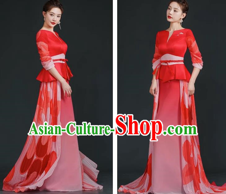 China Style Stage Catwalk Show Costumes Long Trailing Cheongsam Team Dress Art Examination Clothes