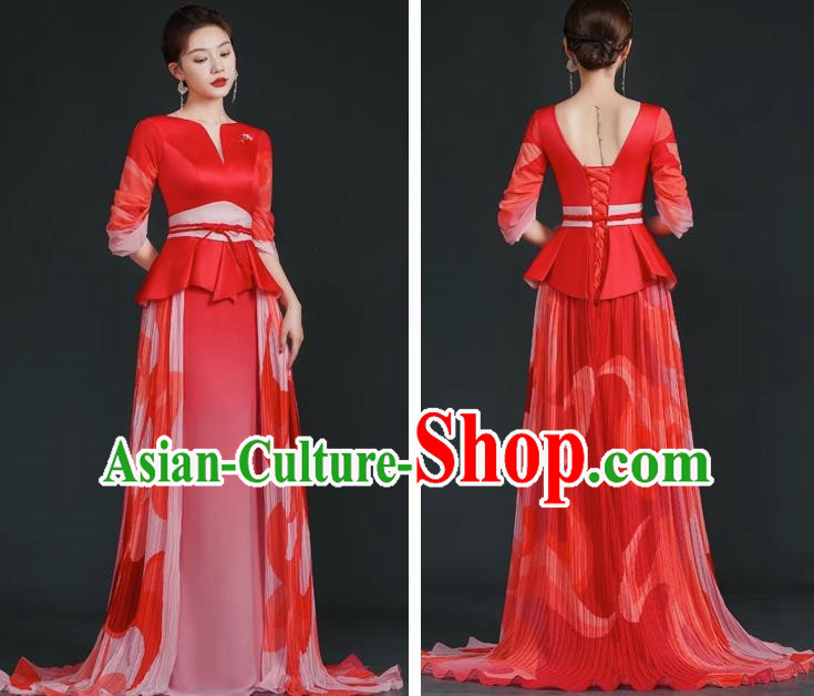 China Style Stage Catwalk Show Costumes Long Trailing Cheongsam Team Dress Art Examination Clothes
