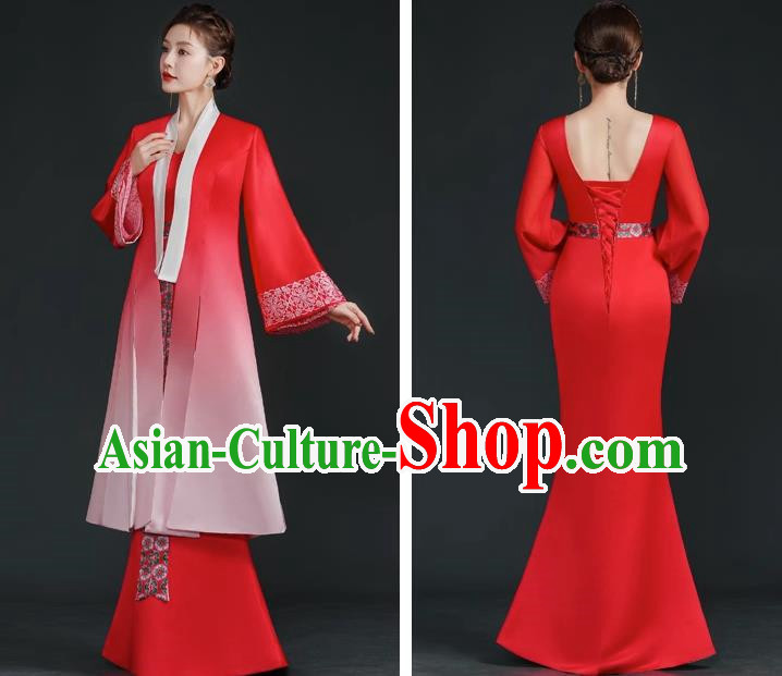 China Style Stage Catwalk Show Costumes Long Trailing Cheongsam Team Dress Art Examination Clothes