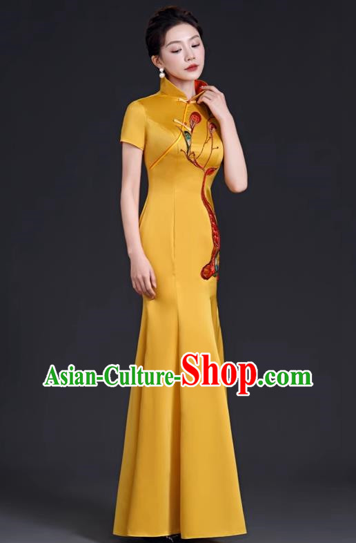 Chinese Style Top Evening Dress High Collar Long Fishtail Self Cultivation Annual Meeting Model Catwalk Costume Yellow