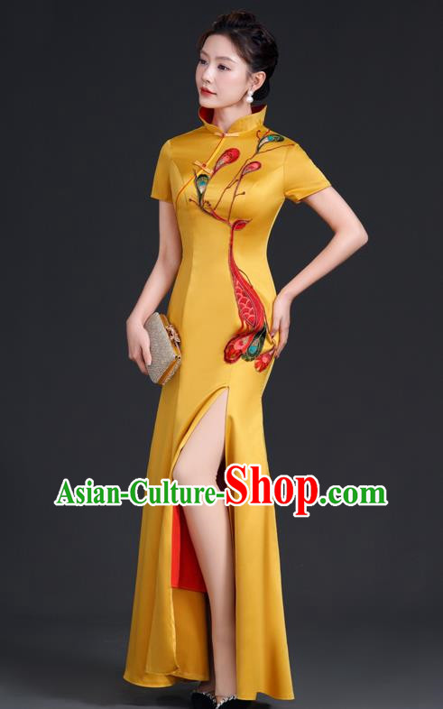 Chinese Style Top Evening Dress High Collar Long Fishtail Self Cultivation Annual Meeting Model Catwalk Costume Yellow