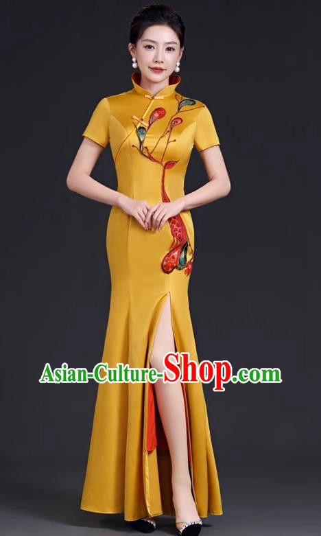 Chinese Style Top Evening Dress High Collar Long Fishtail Self Cultivation Annual Meeting Model Catwalk Costume Yellow