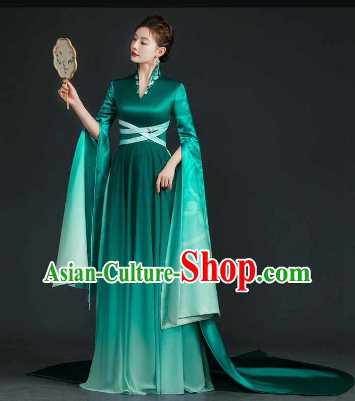 China Style Top Catwalk Evening Dress Trailing Long Model Team Stage Performance Clothing Art Test Dress Green