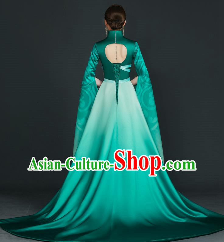 China Style Top Catwalk Evening Dress Trailing Long Model Team Stage Performance Clothing Art Test Dress Green