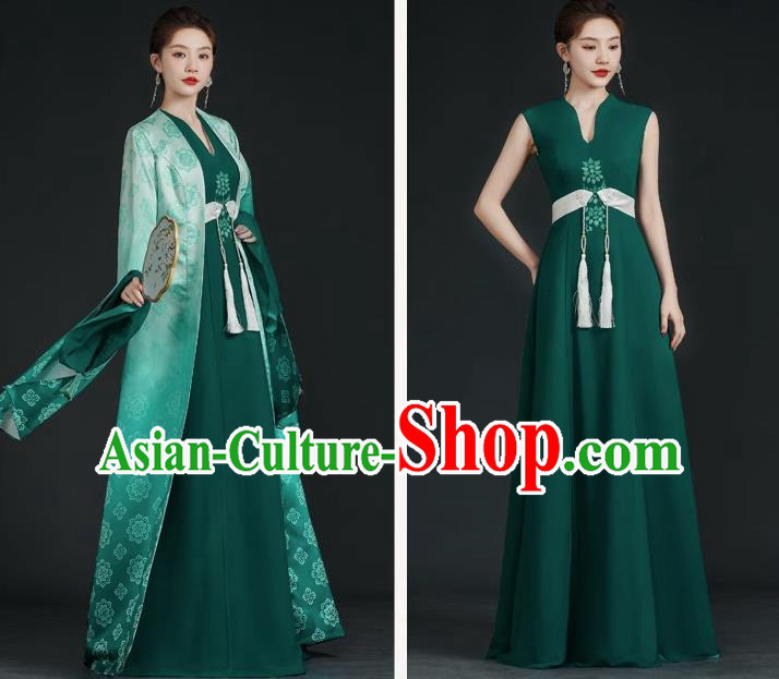 China Style Top Catwalk Evening Dress Trailing Long Model Team Stage Performance Clothing Art Test Dress Green