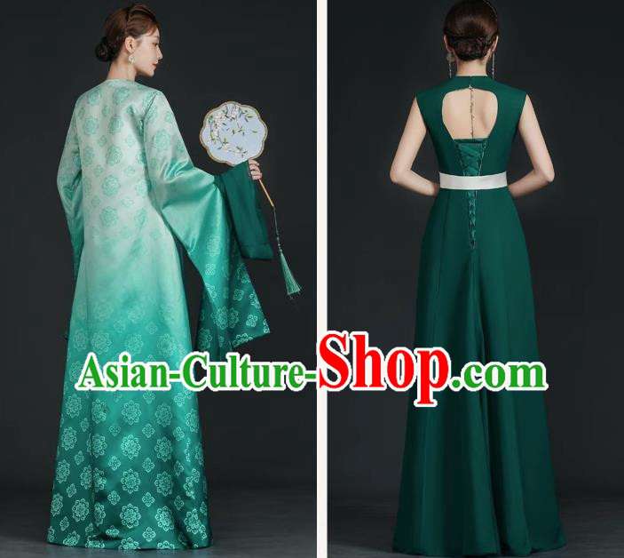 China Style Top Catwalk Evening Dress Trailing Long Model Team Stage Performance Clothing Art Test Dress Green