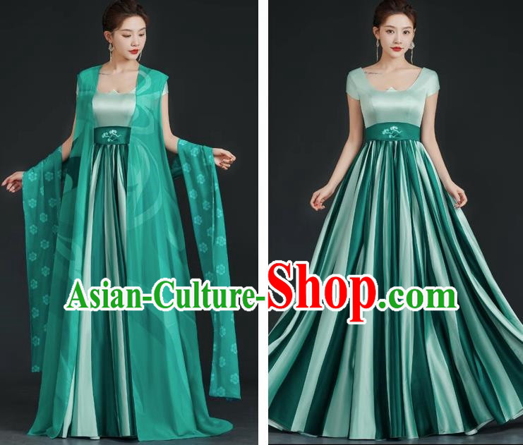 China Style Top Catwalk Evening Dress Trailing Long Model Team Stage Performance Clothing Art Test Dress Green