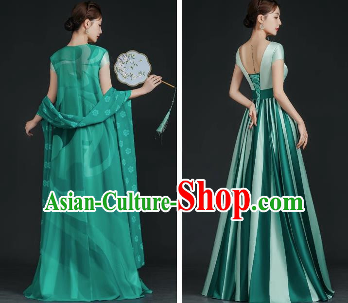 China Style Top Catwalk Evening Dress Trailing Long Model Team Stage Performance Clothing Art Test Dress Green
