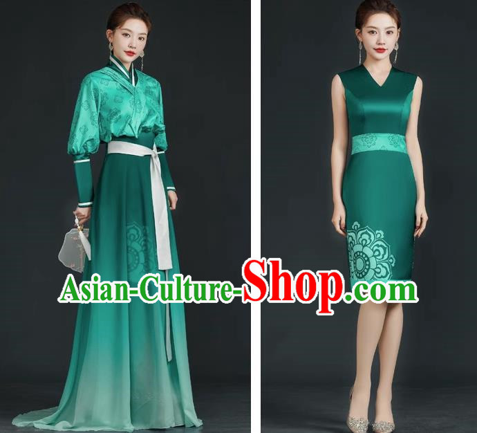 China Style Top Catwalk Evening Dress Trailing Long Model Team Stage Performance Clothing Art Test Dress Green