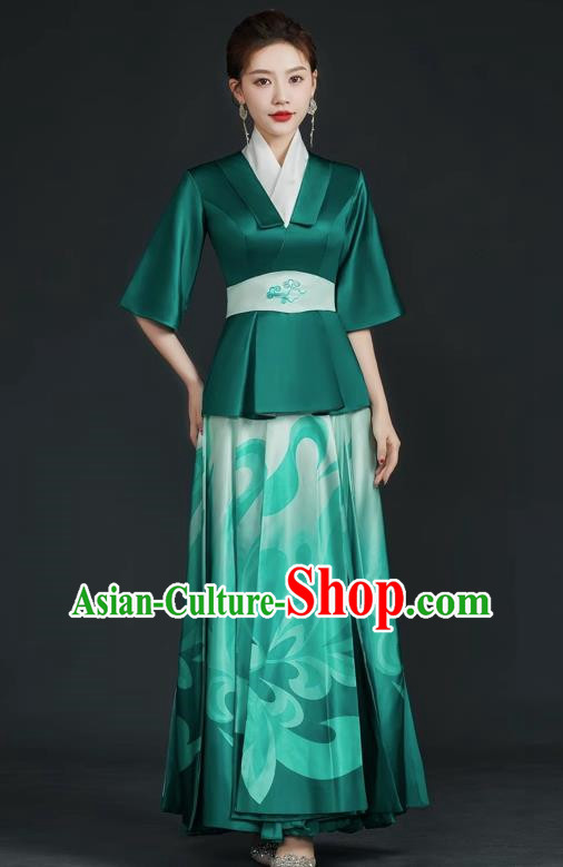China Style Top Catwalk Evening Dress Trailing Long Model Team Stage Performance Clothing Art Test Dress Green
