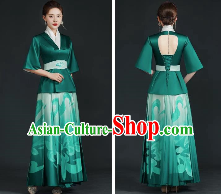 China Style Top Catwalk Evening Dress Trailing Long Model Team Stage Performance Clothing Art Test Dress Green