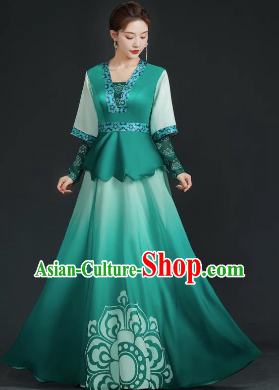 China Style Top Catwalk Evening Dress Trailing Long Model Team Stage Performance Clothing Art Test Dress Green