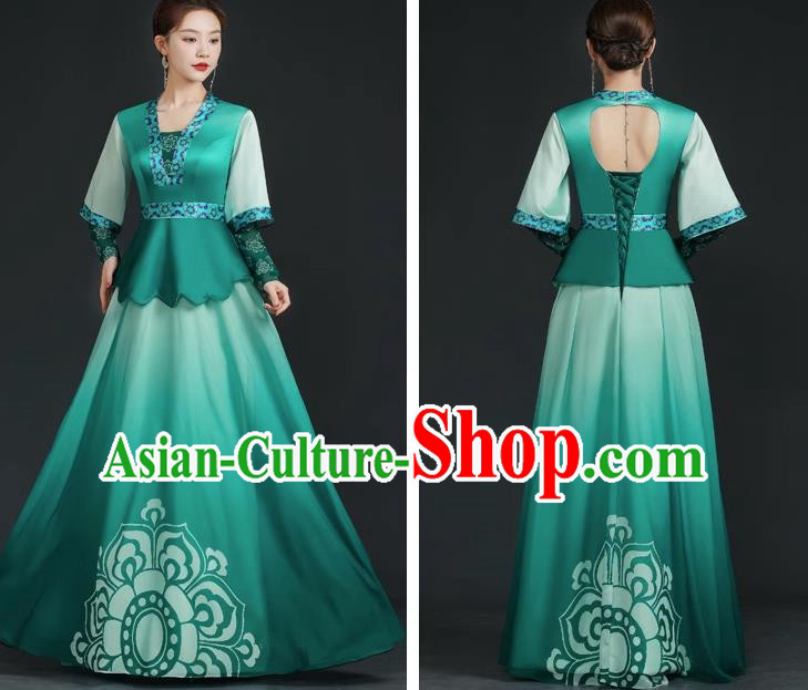 China Style Top Catwalk Evening Dress Trailing Long Model Team Stage Performance Clothing Art Test Dress Green