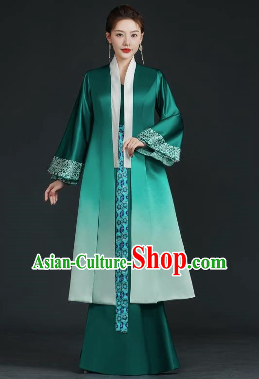 China Style Top Catwalk Evening Dress Trailing Long Model Team Stage Performance Clothing Art Test Dress Green