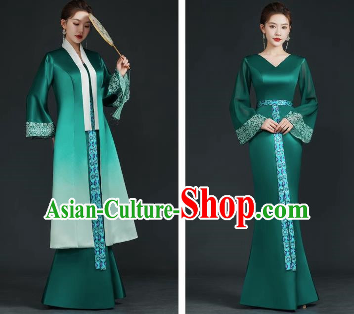 China Style Top Catwalk Evening Dress Trailing Long Model Team Stage Performance Clothing Art Test Dress Green